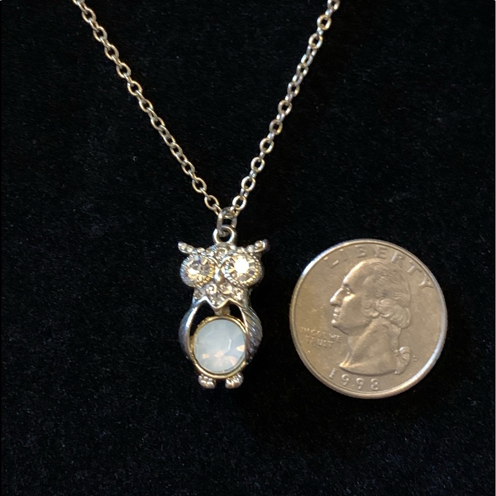 Silver tone necklace with owl with rhinestones